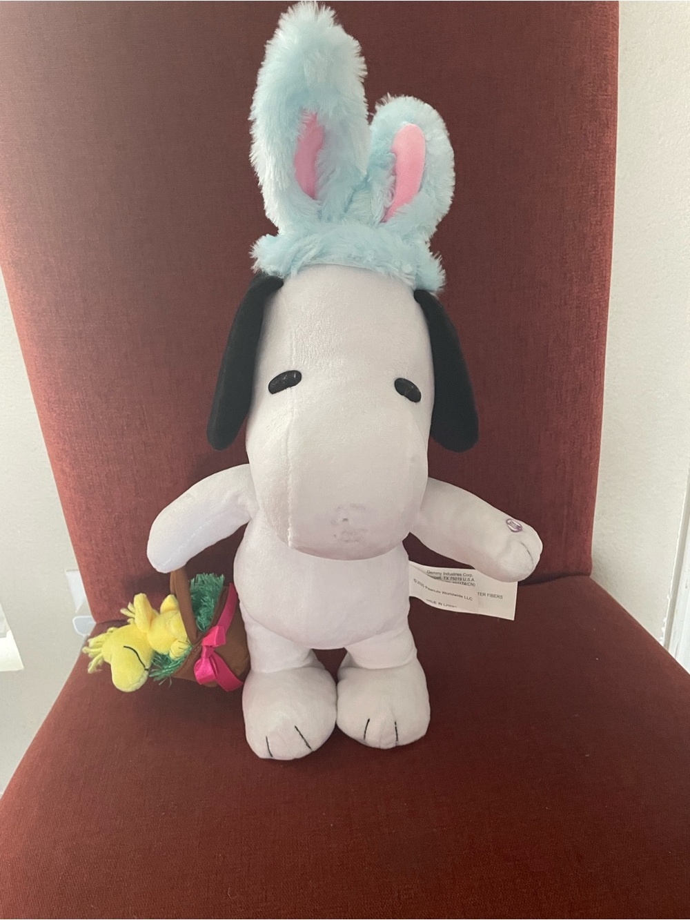 Snoopy Plush with Blue Bunny Ears and Easter Basket dances